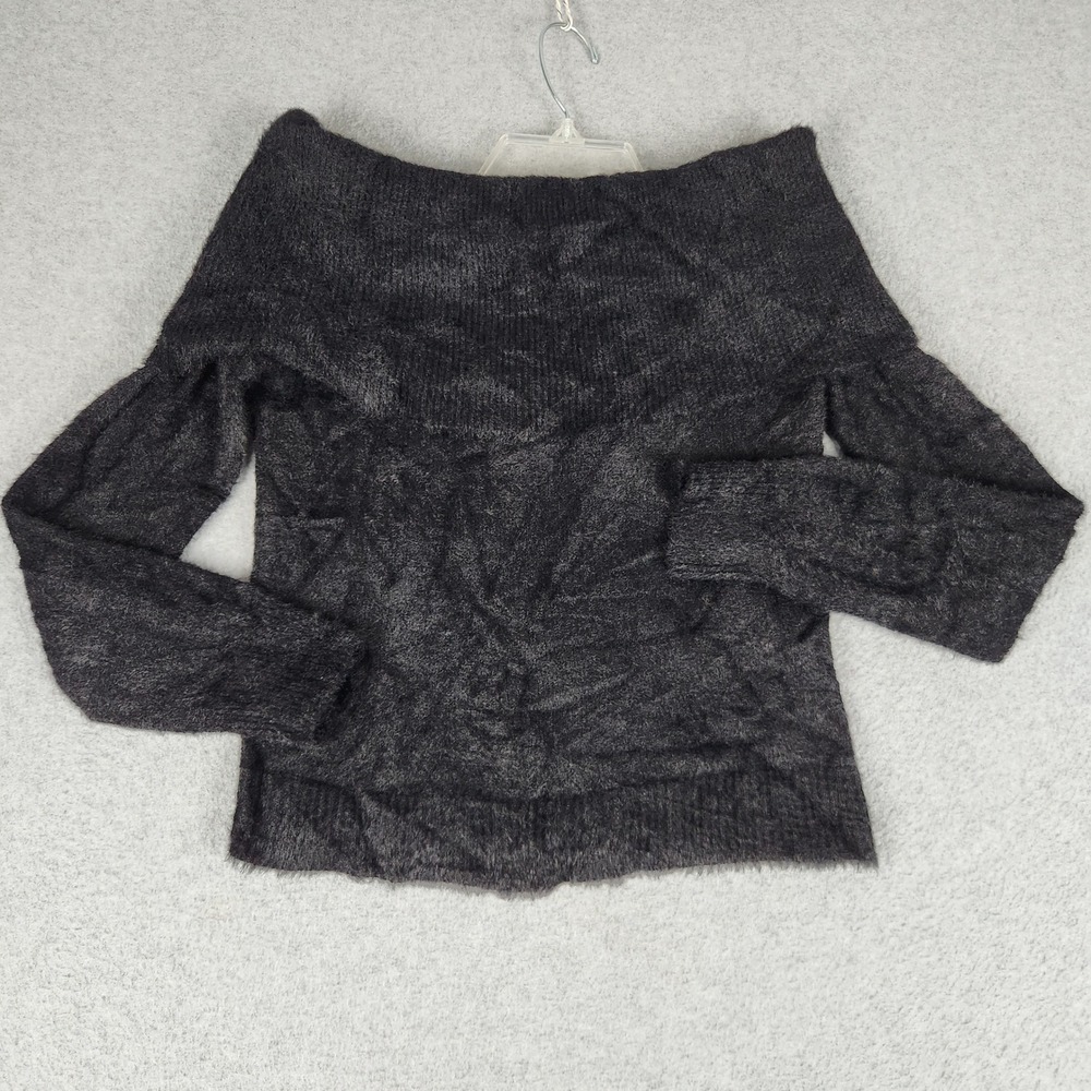 Love Knits NYC Crop Sweater Womens Medium Gray Eyelash Knit Fuzzy Off Shoulder